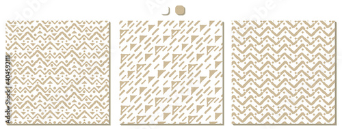 Set of three Simple beige white Seamless repeat patterns. Drawing consists of a rough broken line and jagged points and other shapes