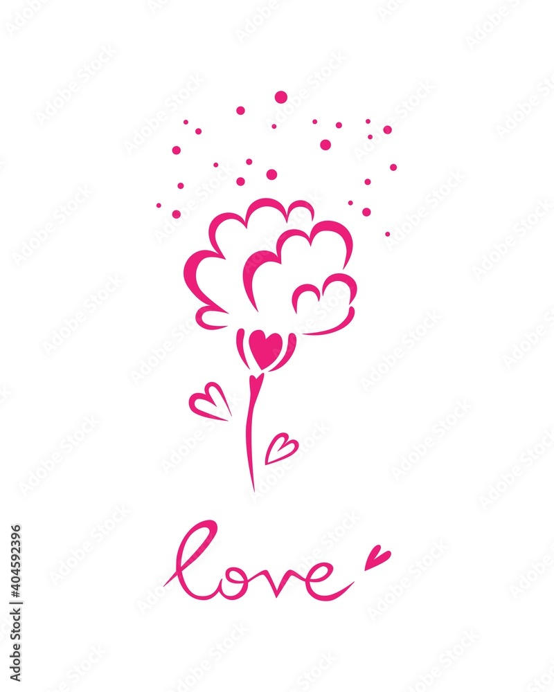 Vector illustration. Pink flower lettering love. The background is white. For postcards, logos, fabrics, wallpaper, notebooks, diaries, brochures, books, catalogs, backgrounds, covers, banners etc.