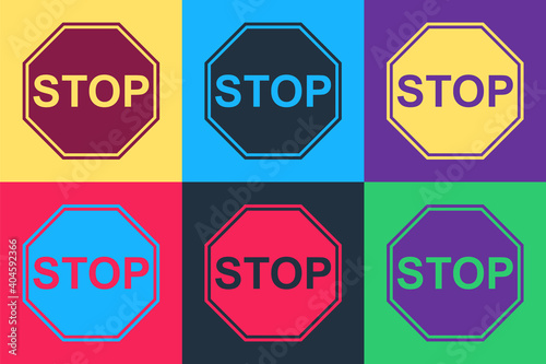 Pop art Stop sign icon isolated on color background. Traffic regulatory warning stop symbol. Vector.