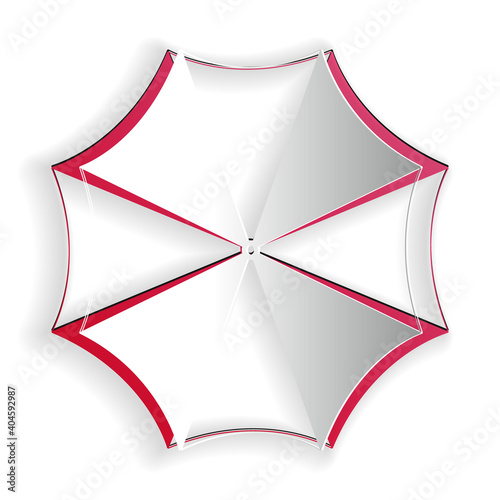 Paper cut Sun protective umbrella fo beach icon isolated on white background. Large parasol for outdoor space. Summer vacation or picnic accessory. Paper art style. Vector.