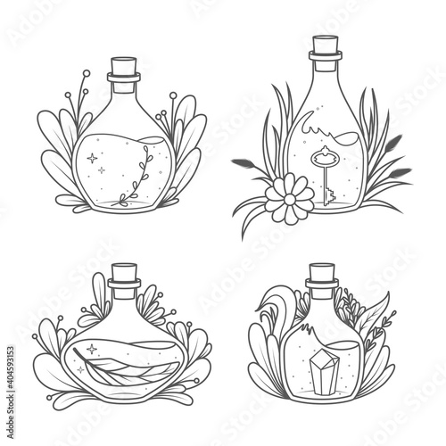 Magic Bottles collection - Coloring book page. Vector illustration