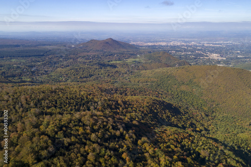 Aerial view of the Soriano beech tree in the Cimino in Viterbo. The woods in autumn. Colors and a beautiful landscape