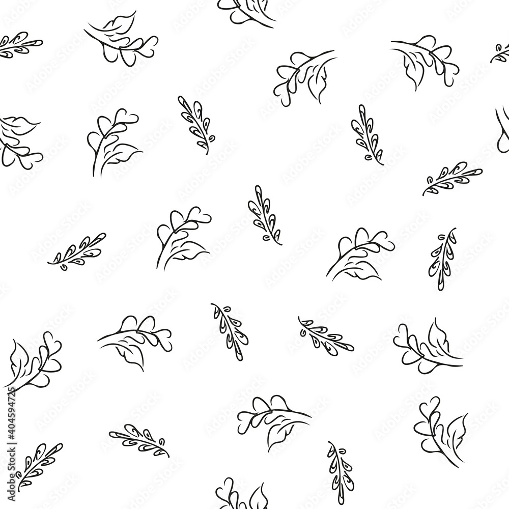 Doodle simple vector seamless pattern of hand-drawn leaves. Seamless pattern of hand-drawn branches. Big floral botanical set. Isolated on white background. Doodle simple vector seamless pattern of hand-drawn leaves. Seamless pattern of hand-drawn branches. Big floral botanical set. Isolated on white background.