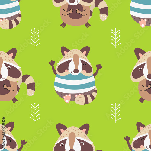 Seamless pattern with hand drawn cute raccoons on green background. Vector kids illustration for nursery design. Racoon boho fabric for baby clothes, wrapping paper.