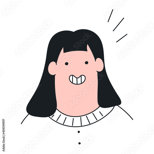 Happy cute cartoon woman with an enthusiastic smile on his face. Happiness, achievement, excitement, agreement, happy anticipation. Flat thin line funny vector illustration on white