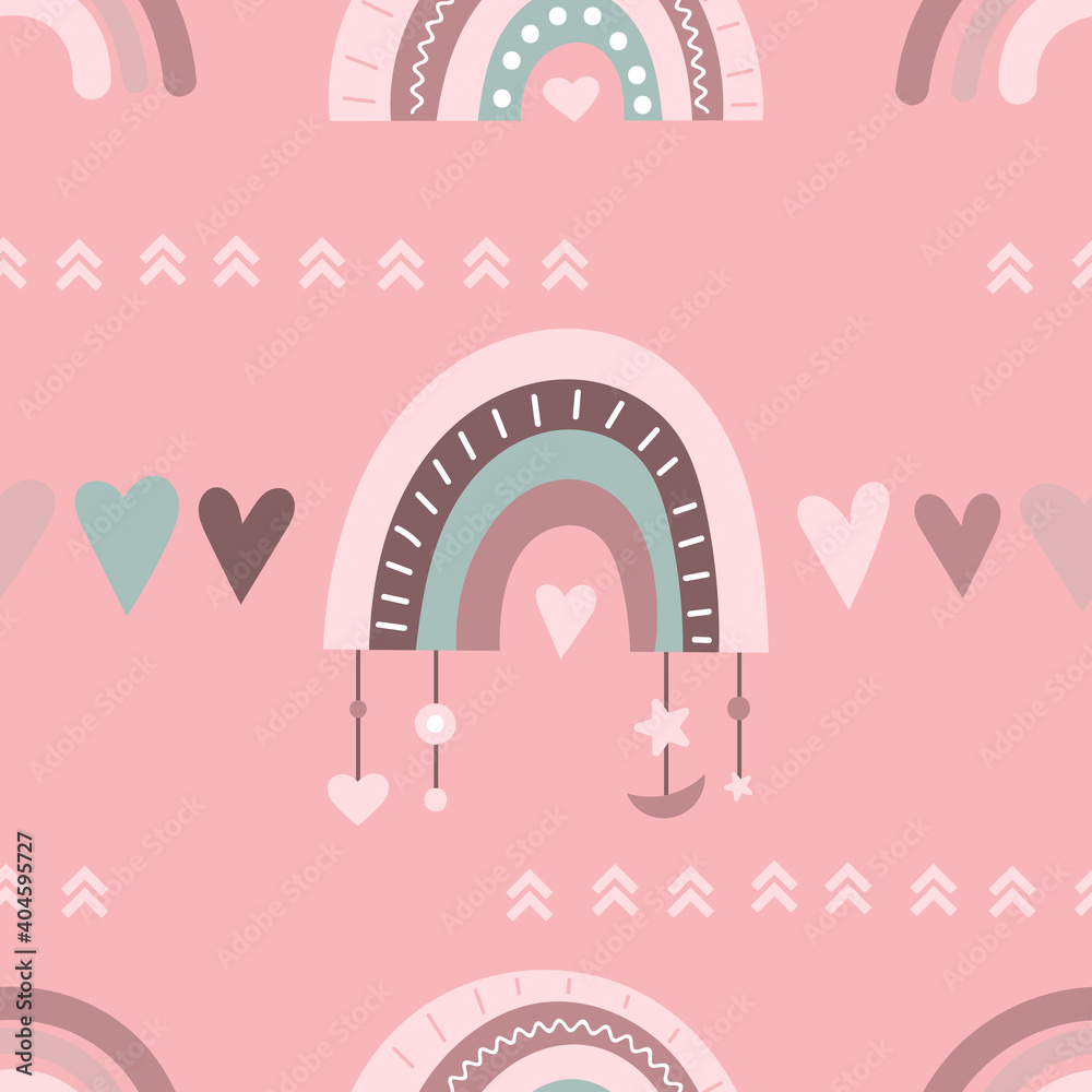 Seamless pattern in pink boho style with magic rainbows. Vector kids illustration for nursery design, great for valentines day. Bohemian fabric design for baby clothes, wrapping paper. Seamless pattern in pink boho style with magic rainbows. Vector kids illustration for nursery design, great for valentines day. Bohemian fabric design for baby clothes, wrapping paper.