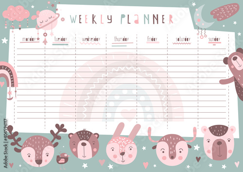 Weekly planner with forest animals in boho style. Kids schedule design template. Vector illustration.