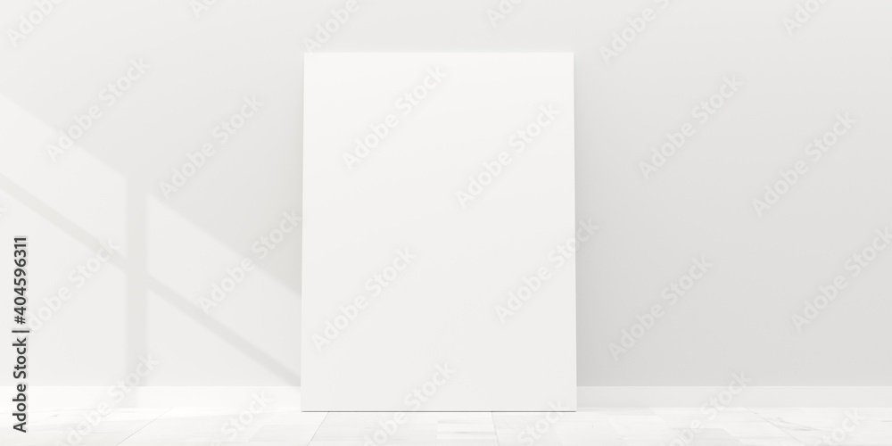 Empty picture frame canvas mock-up leaning against white wall in room with white wooden floor and window shadow with copy space - portfolio, gallery or artwork template mock up