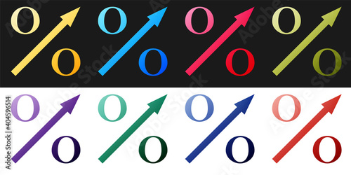 Set Percent up arrow icon isolated on black and white background. Increasing percentage sign. Vector.