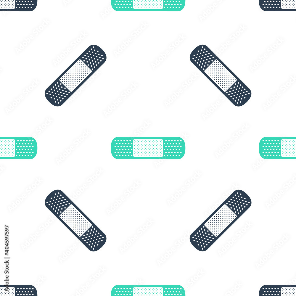 Green Bandage plaster icon isolated seamless pattern on white background. Medical plaster, adhesive bandage, flexible fabric bandage. Vector. Green Bandage plaster icon isolated seamless pattern on white background. Medical plaster, adhesive bandage, flexible fabric bandage. Vector.