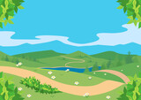 Summer countryside landscape with mountains. Travel and outdoor recreation. Background vector illustration.