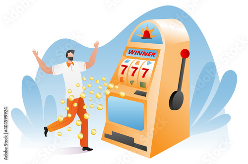 Gambler male character happy victory slot machine, lucky day for winner player cartoon vector illustration, isolated on whtie. Concept lottery one hand bandit device, cheerful smiling man.