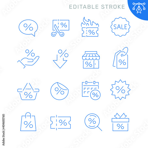 Discount related icons. Editable stroke. Thin vector icon set