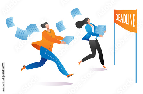Freelancer worker male and female character running to deadline, complete work last date cartoon vector illustration, isolated on white. Concept non executive employee, delivery working material.