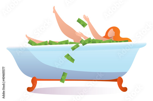 Woman take cash dollar money bath, female character wealthy person with finance bathroom cartoon vector illustration, isolated on white. Human squander means, wherewithal wasteful lifestyle. photo
