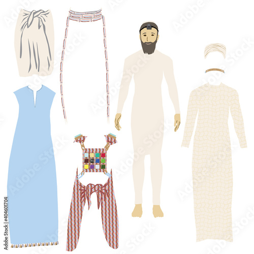 Fototapet The eight garments of the Jewish high priest in the Temple in Jerusalem: undergarments, tunic, sash, turban, robe, Ephod, breastplate, golden plate