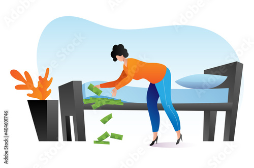 Woman keep money under bed mattress, female character poor financial literacy, cash saving cartoon vector illustration, isolated on white. Dollar stash in bad place, person get finance.