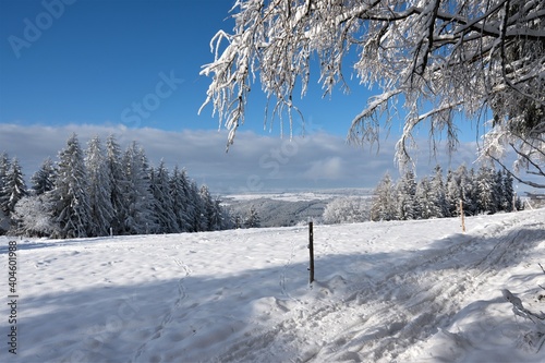 Blick ins verschneite Land - Aufstieg zur Meuselbacher Kuppe im Thüringer Schiefergebirge photo