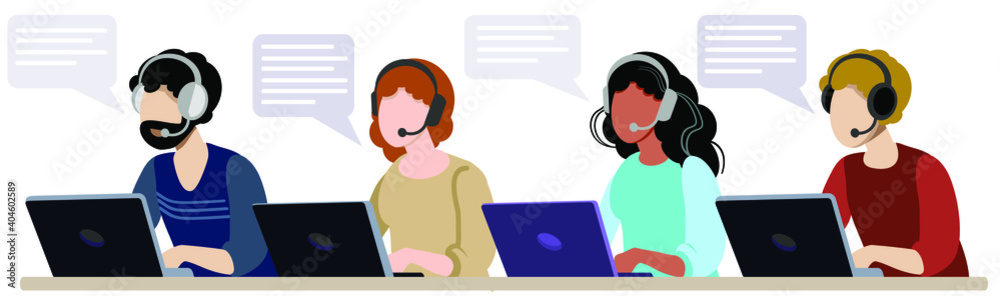 Call center. Man and woman in headphones with microphone at laptop. Customer support department staff, telemarketing agents. Vector illustration isolated. Call center. Man and woman in headphones with microphone at laptop. Customer support department staff, telemarketing agents. Vector illustration isolated.