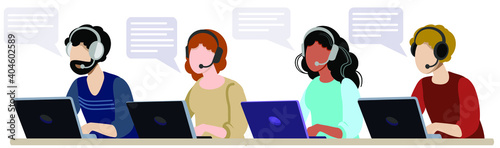 Call center. Man and woman in headphones with microphone at laptop. Customer support department staff, telemarketing agents. Vector illustration isolated.