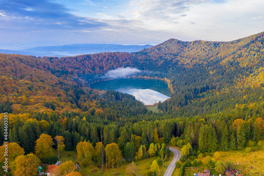 Aerial crater lake in autumn