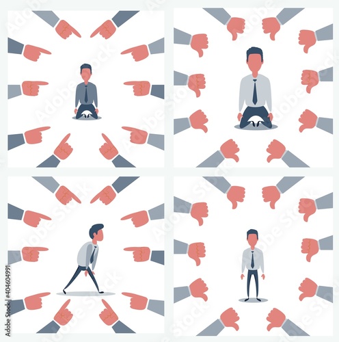 Cartoon vector illustration of social public condemnation of young man. Many fingers pointing at victim of bullying, shame person. Scared anxious depressive man on background.