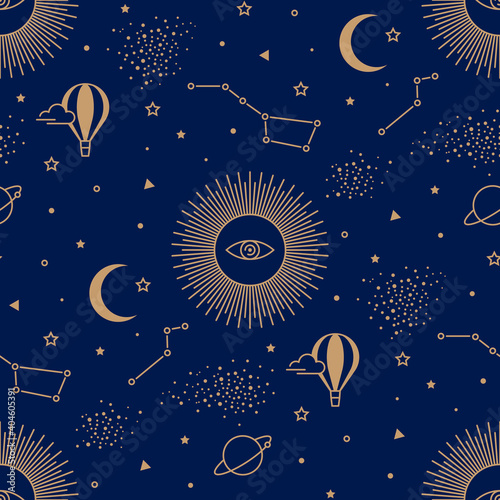Seamless pattern with sun, planets, stars, constellations. Set of gold space elements on a sparkle dark background in boho style. 