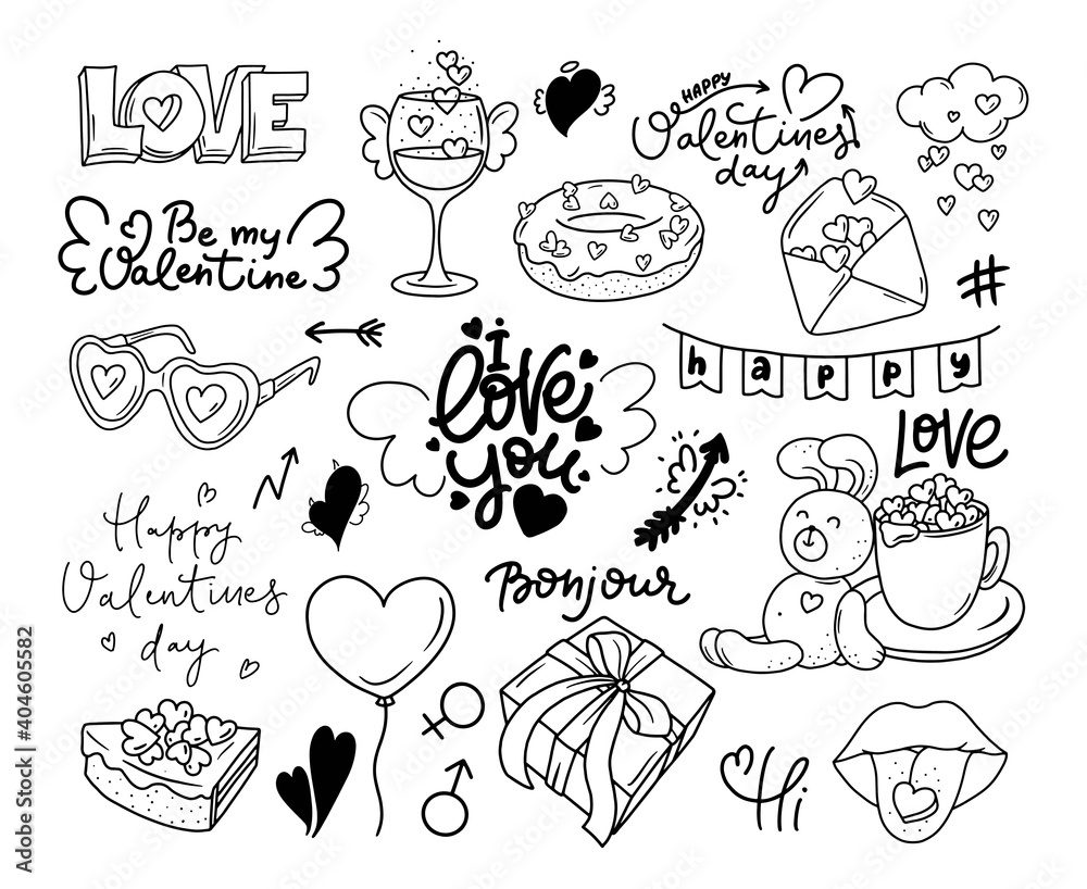 Happy Valentine s day dooddle art collection of lettering, speech bubbles, hearts