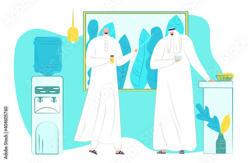 Arabic muslim character people together standing and drinking organic clear water, office cooler flat vector illustration, isolated on white. Telling business information, concept eco plant workplace.