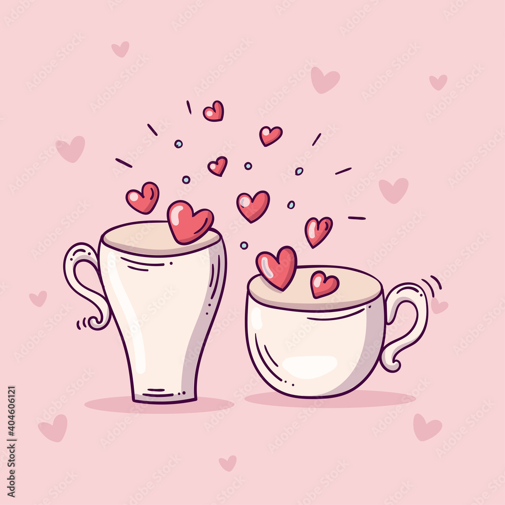 Couple of white cups with hearts in love in doodle style Couple of white cups with hearts in love in doodle style