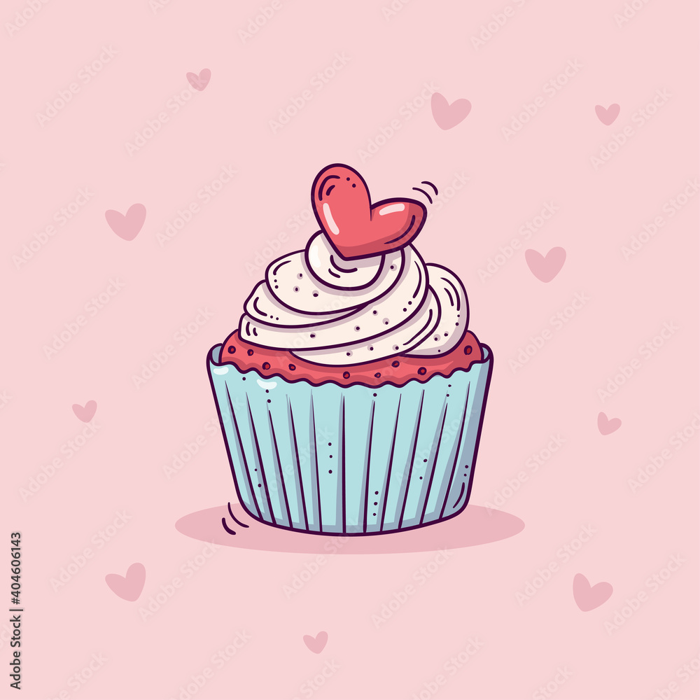 Sweet cupcake decorated with red heart, in doodle style Sweet cupcake decorated with red heart, in doodle style