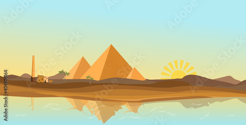ancient Egypt desert with pyramid and Nile