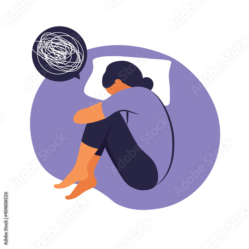 Woman suffers from insomnia stress. She lies in bed and thinks. Concept illustration of depression, insomnia, frustration, loneliness, problems. Flat vector.