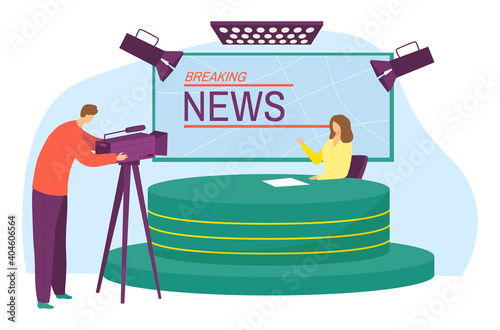 Breaking news channel studio, character anchorwoman cast latest headlines, operator work camera flat vector illustration, isolated on white. Television studio place workplace evening information show.