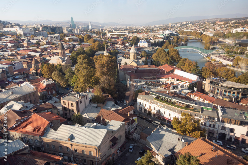 Tbilisi Georgia aerial drone view from above, Kura river and old town of Tbilisi cityscape