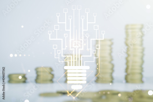 Virtual creative light bulb illustration with microcircuit on coins background, future technology concept. Multiexposure