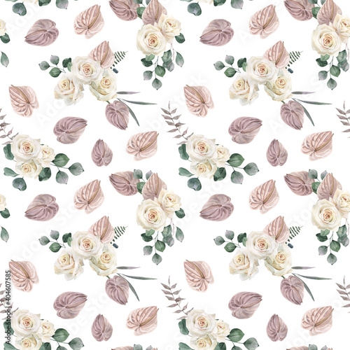 Watercolor seamless pattern with rose flower and anthurium on white background.