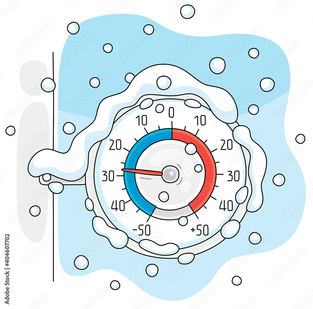 Obraz premium Round window thermometer on a frosty and snowy winter day, vector cartoon illustration on a white background