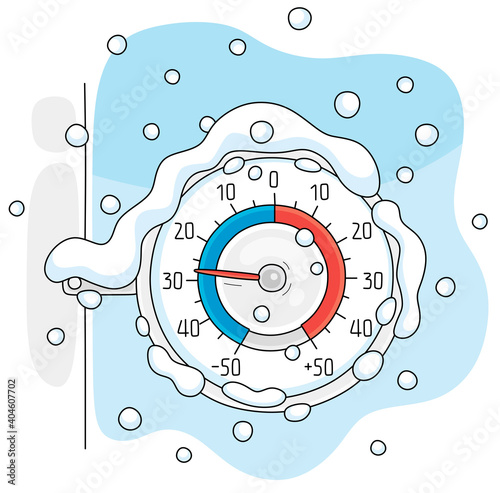 Round window thermometer on a frosty and snowy winter day, vector cartoon illustration on a white background