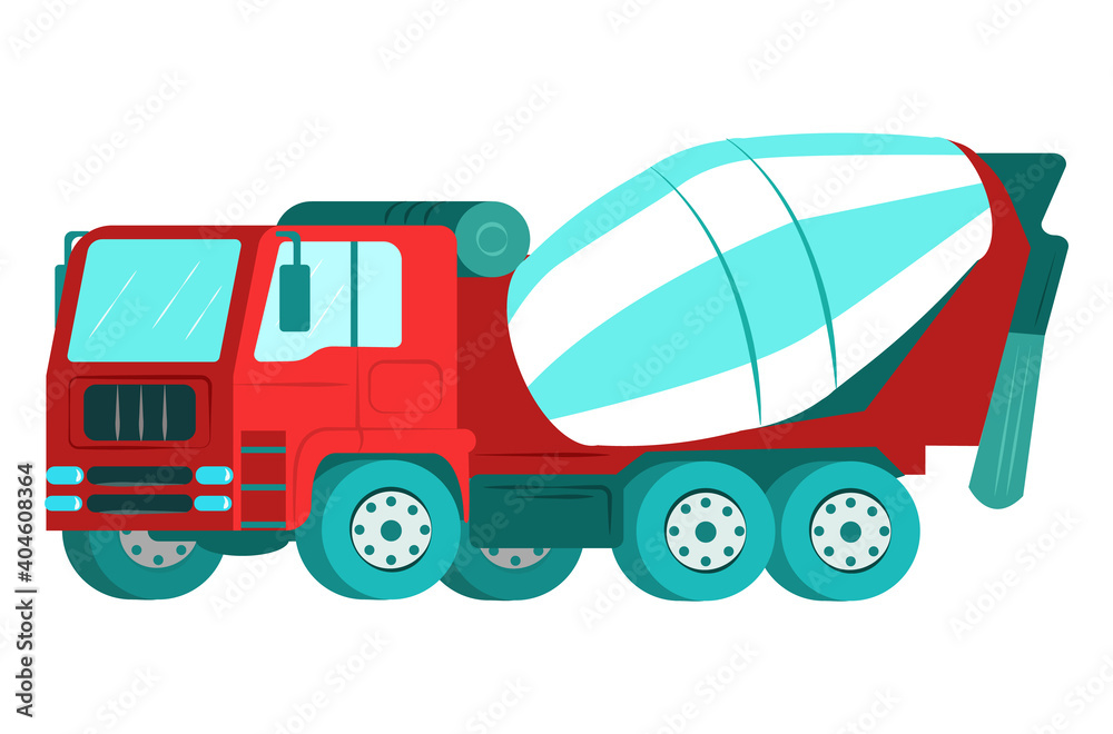 Icon concrete mixer, professional construction vehicle equipment, truck blender flat vector illustration, isolated on white. Concept heavy arrangement machinery, building facility mechanism.