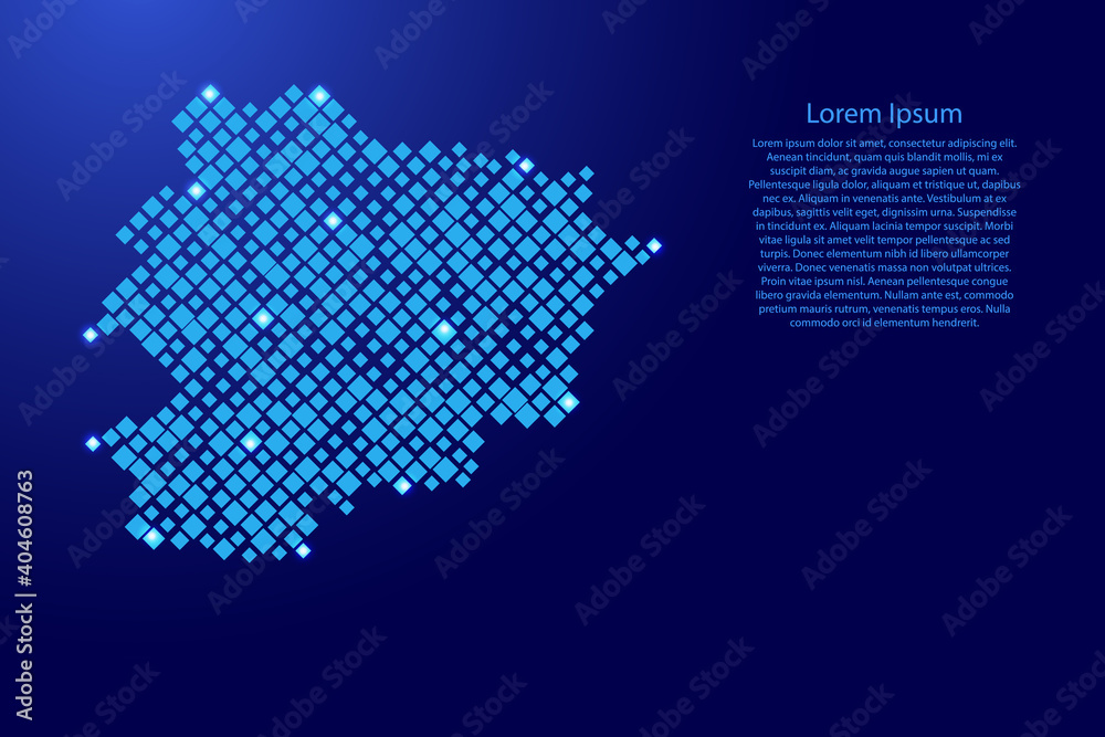 Andorra map from blue pattern rhombuses of different sizes and glowing space stars grid. Vector illustration.