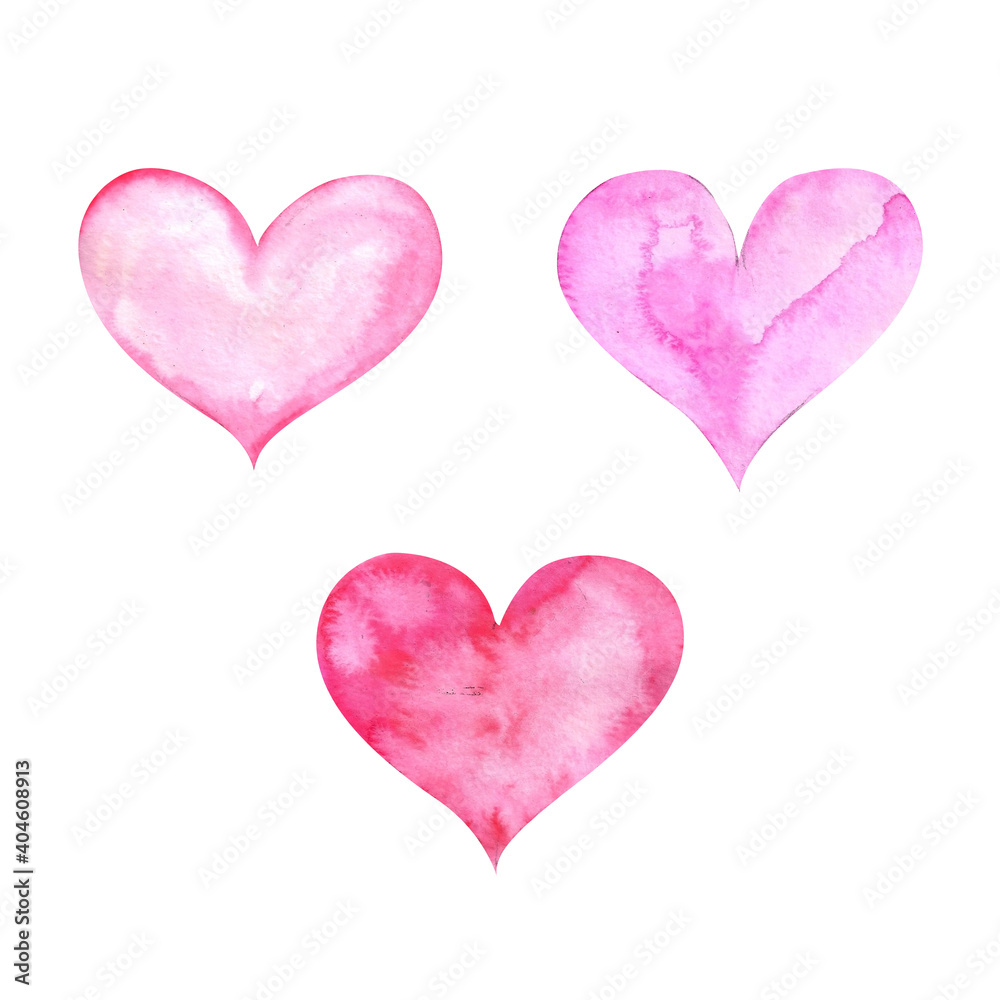Watercolor illustration. Set of pink hearts. Watercolor elements for holiday, design, Valentine's day, etc.
