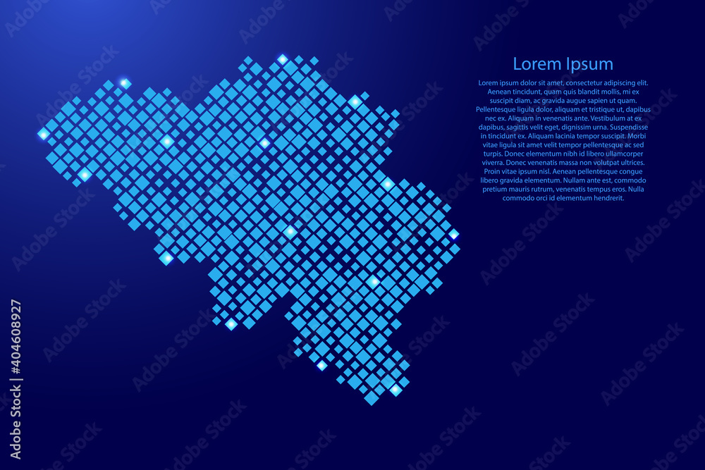 Belgium map from blue pattern rhombuses of different sizes and glowing space stars grid. Vector illustration.