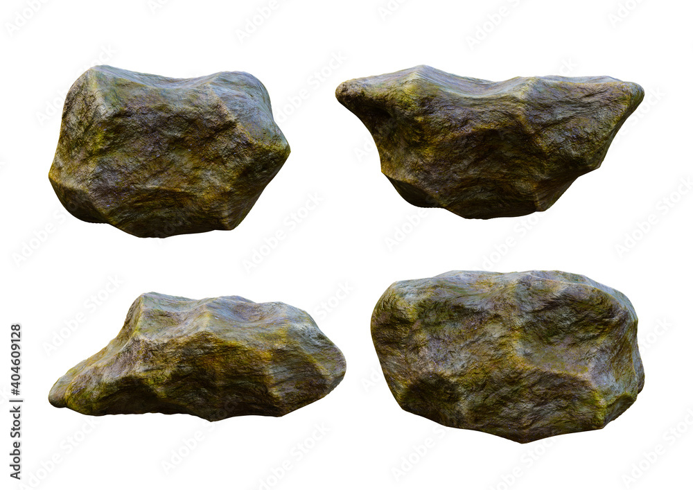 set of green moss rocks isolated on white background. Stones for product display set of green moss rocks isolated on white background. Stones for product display