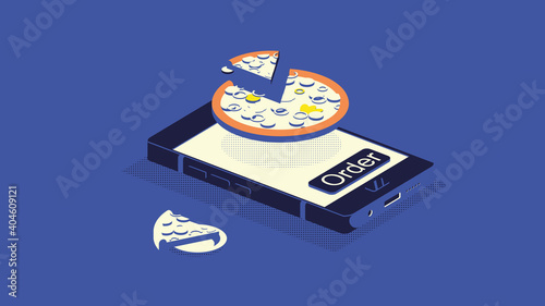 Flat 3d isometric pizza delivery infographic concept illustration. Smartphone with digital food delivery application.