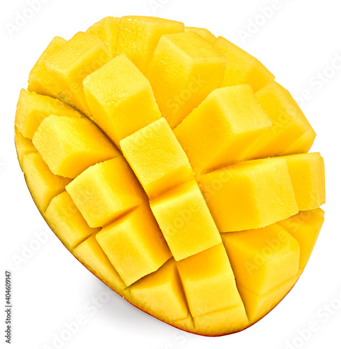 fresh sliced mango isolated on white background. exotic fruit. clipping path