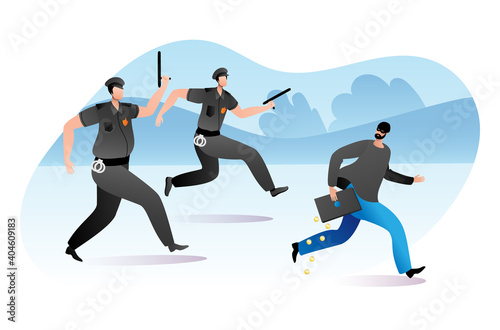 Officer policeman male character running pursue felon with stolen stuff, steal money cash flat vector illustration, isolated on white. Criminal prosecution, police chase finance thief.