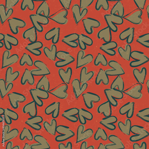 Vector seamless pattern with hand-drawn hearts in retro style. Mid-century background design perfect for scrapbooking, textile, wrapping paper, stationery, or greeting card on St Valentine’s Day.