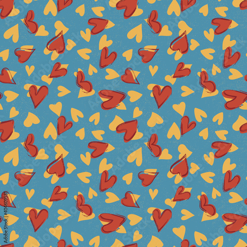 Vector seamless pattern with hand-drawn hearts in retro style. Mid-century background design perfect for scrapbooking, textile, wrapping paper, stationery, or greeting card on St Valentine’s Day. photo