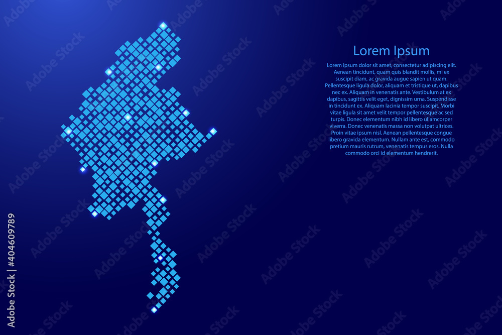 Myanmar map from blue pattern rhombuses of different sizes and glowing space stars grid. Vector illustration.